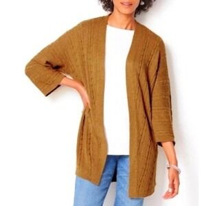 J Jill Small Cable Knit 3/4 Sleeve‎ Open Front Camel Butterscotch Cardigan